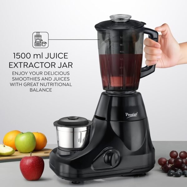 Prestige Iris Pro 750 Watts Mixer Grinder with 4 Jars (3 Stainless Steel Jars + 1 Juicer Jar)|4 Super-Efficient Stainless Blades |Jar Storage Space Sturdy Handles |2 Years Warranty |Black