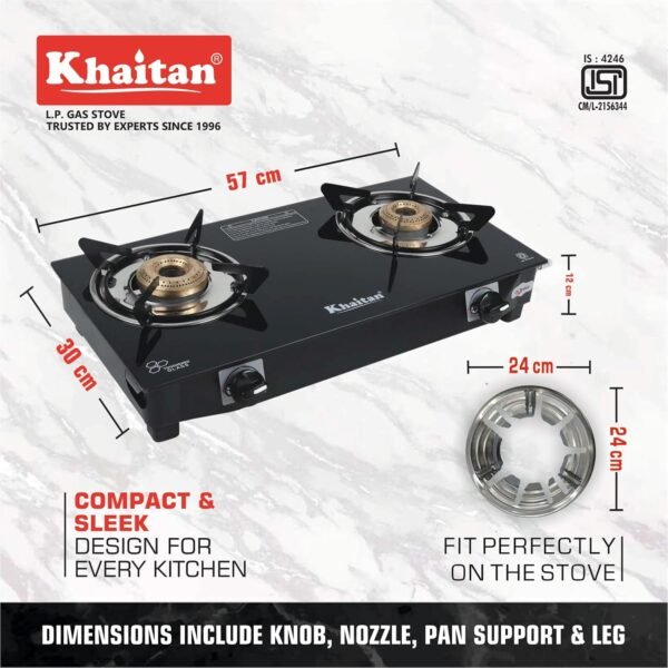 Khaitan 2 Burner Nano Black Toughened Glass | LPG Cooktop I Manual Ignition Stove | Ergonomic I Gas Stove Combo - 2B Nano + Hindflame (Pack of 2) Gas Saver Stand Premium Silver Colour