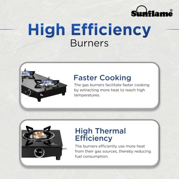 Sunflame Pride 2 Burner Gas Stove | 1 Medium and 1 Small Brass Burners | 2-Years Product Coverage by Sunflame | Ergonomic Knobs | Easy to Maintain l Toughened Glass Top | PAN India Presence| Black