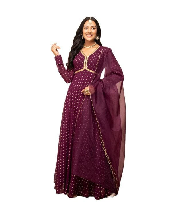 FIORRA Women's Wine Georgette Printed Gown with Dupatta