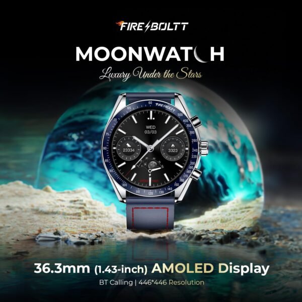 Fire-Boltt Moonwatch 36.3mm (1.43 inch) AMOLED Display, Wireless Charging, Metallic Frame, Premium Leather Straps, Complete Health Suite, Bluetooth Calling, Sports Modes (Blue)