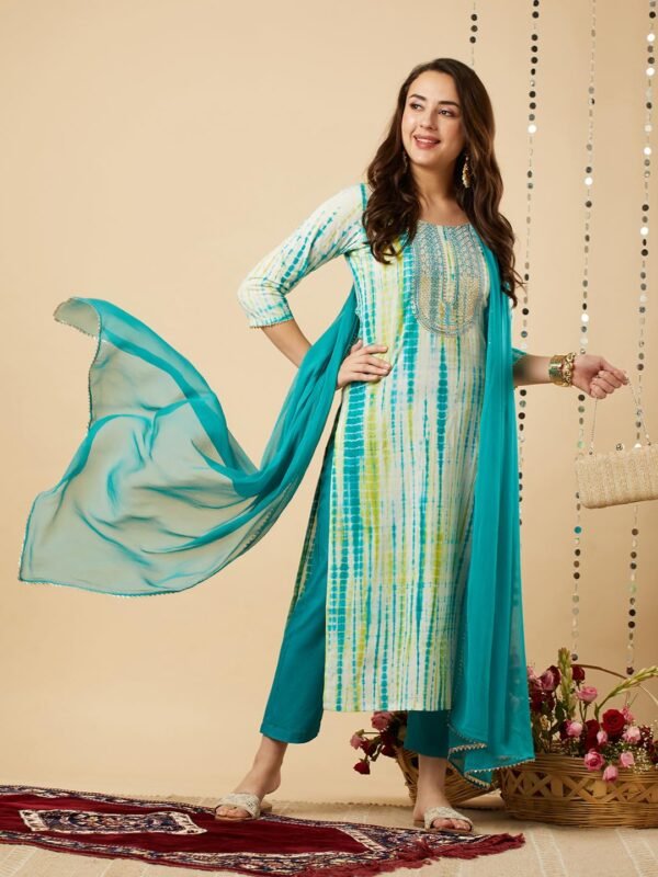 GoSriKi Women's Rayon Blend Straight Printed Kurta with Pant & Dupatta