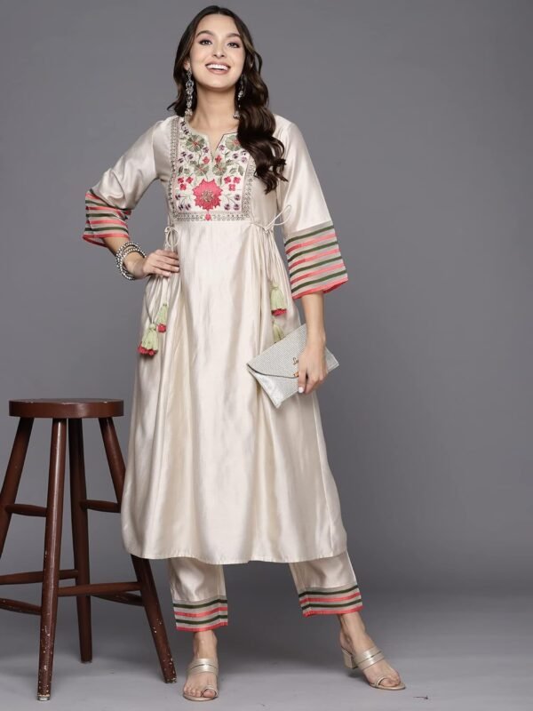 INDO ERA Women's Embroidered Viscose A-Line Kurta Pant Set