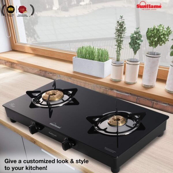 Sunflame Crystal Nova 2 Burner Gas Stove | Dual Drip Trays | 1 Jumbo and 1 Small Brass Burners | 2 Years Product Coverage by Sunflame | Manual Ignition | Toughened Glass Top | PAN India Presence