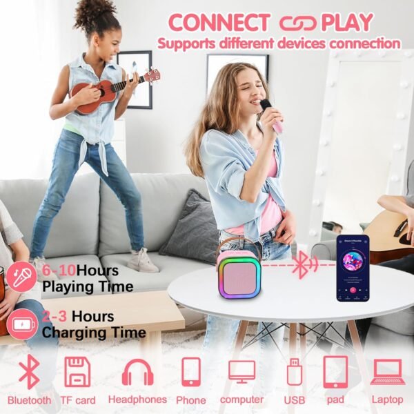 Mini Karaoke Machine, Portable Bluetooth Speaker with 2 Wireless Microphone, Toys for 3-12 Years Old Boys Gifts, Kids Karaoke Microphone Machine Toy for Party/Meeting/Adults/Kids (Pink)