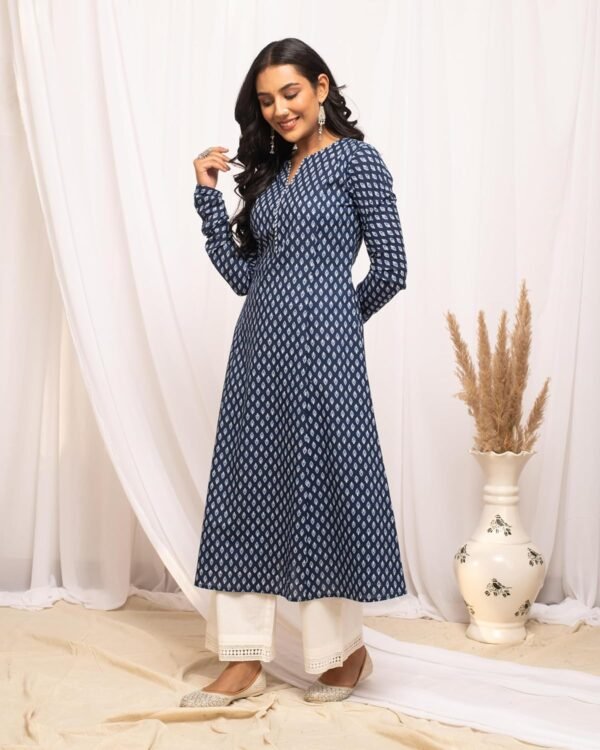 FIORRA Women's Floral Printed Navy Blue Cotton A-Line Kurta