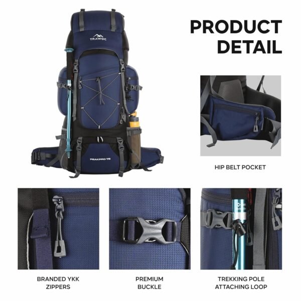 TRAWOC PEAKPRO 75 Liter Travel Backpack for Hiking Trekking Bag Camping Rucksack with Laptop Compartment/Rain Cover/Shoe Compartment BHK002, 3 Year Warranty, Blue