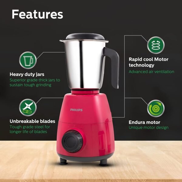 PHILIPS HL7505/02 Mixer Grinder, 500W Endura Motor with rapid cool motor technology, 3 heavy duty and leak proof Jars, Strawberry, Red