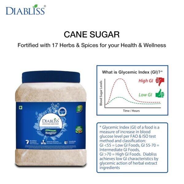 Diabliss Diabetic Friendly Herbal Cane Sugar - Free from Chemicals / Artificial Sweeteners - Low Glycemic Index (GI) Diet - Clinically Tested Healthy Natural Substitute For Diabetes / Blood Glucose Management - 1.75Kg Reusable Jar
