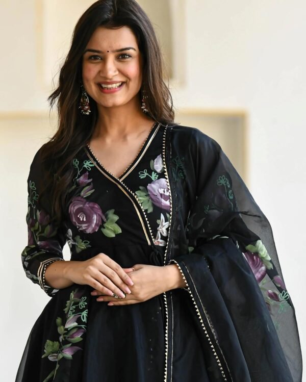 Sugathari Women's Georgette Anarkali Floral Printed Kurta with Pant & Dupatta (Dress 113)