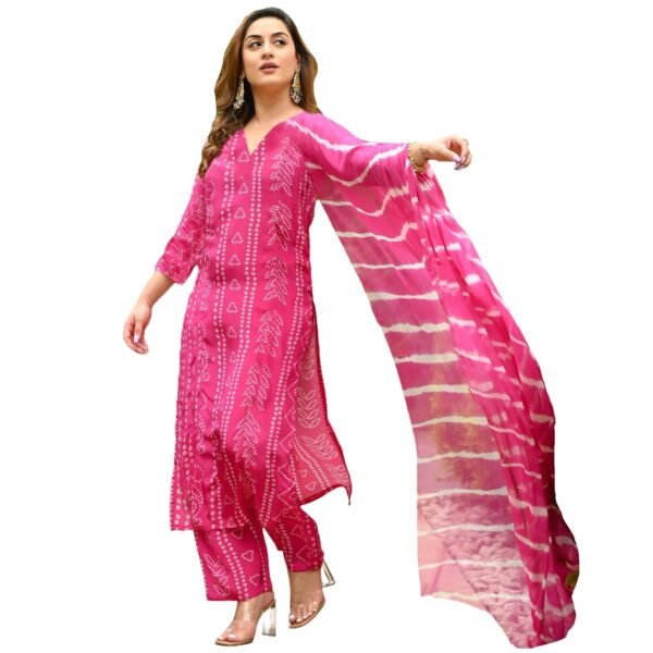 ANNI DESIGNER Women's Rayon Blend Straight Bandhej Printed Kurta with Pant & Dupatta