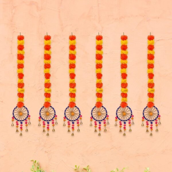 eCraftIndia Artificial Marigold Flowers Hangings with Bangles Ringing Bells (Pack of 6) - Artificial Flowers for Home Decoration - Wedding, Ganpati, Navratri, Diwali Decoration Items