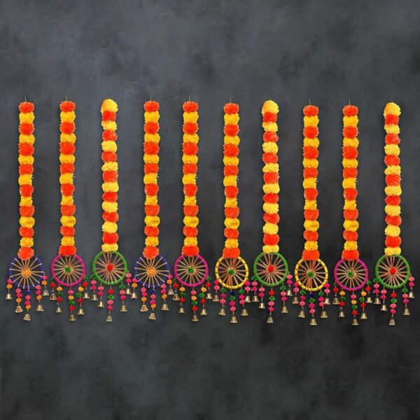 eCraftIndia Artificial Marigold Flowers Hangings with Bangles Ringing Bells (Pack of 6) - Artificial Flowers for Home Decoration - Wedding, Ganpati, Navratri, Diwali Decoration Items