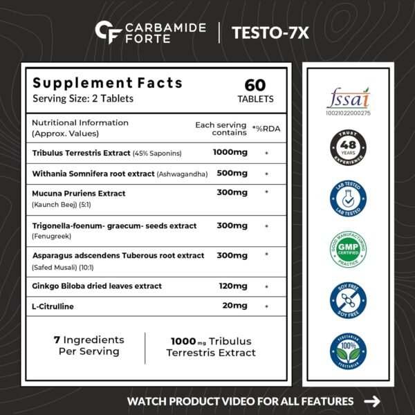 Carbamide Forte Testosterone Supplement for Men with Pre-Workout Tribulus 1000mg, Ashwagandha, L-Citrulline & Kaunch Beej – 60 Veg Tablets