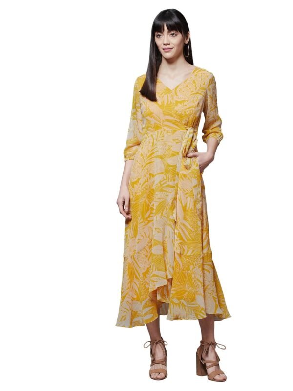 Miss Chase Women's Multicolored V-Neck Three-Quarter Sleeves Geometric Patterned Wrap Midi Chiffon Dress