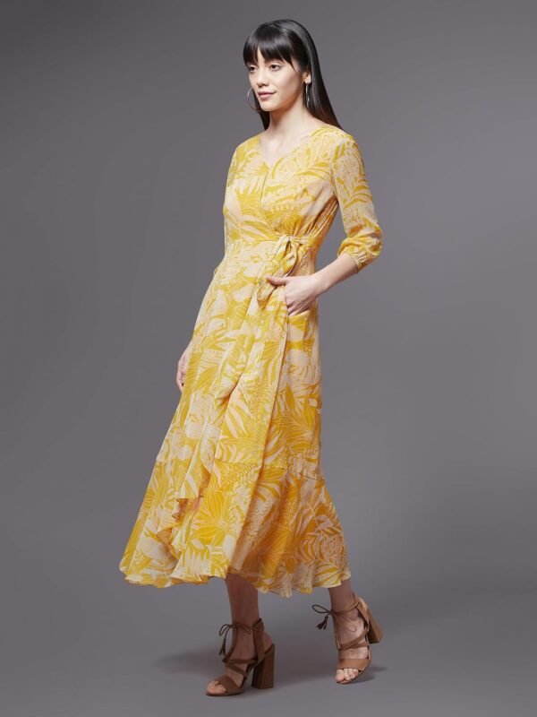 Miss Chase Women's Multicolored V-Neck Three-Quarter Sleeves Geometric Patterned Wrap Midi Chiffon Dress