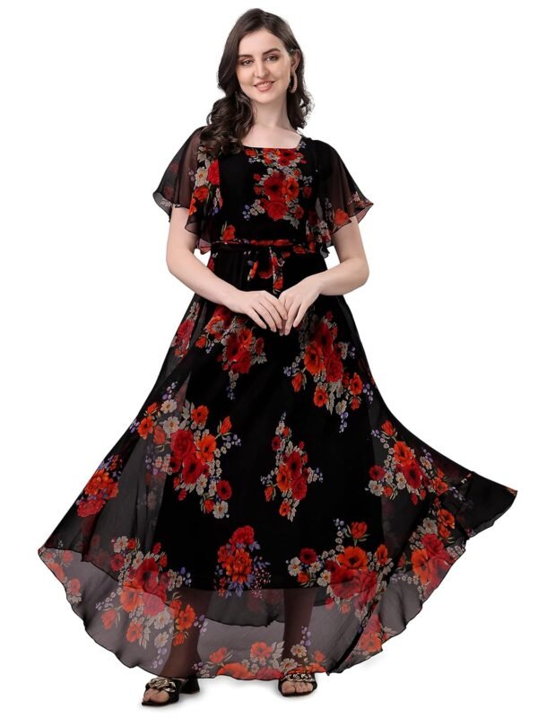 Fashion2wear Women's Georgette Floral Digital Print Short Sleeve Full-Length Fit & Flare Long Gown Dress for Girls (LN-X9TQ-MN1D)