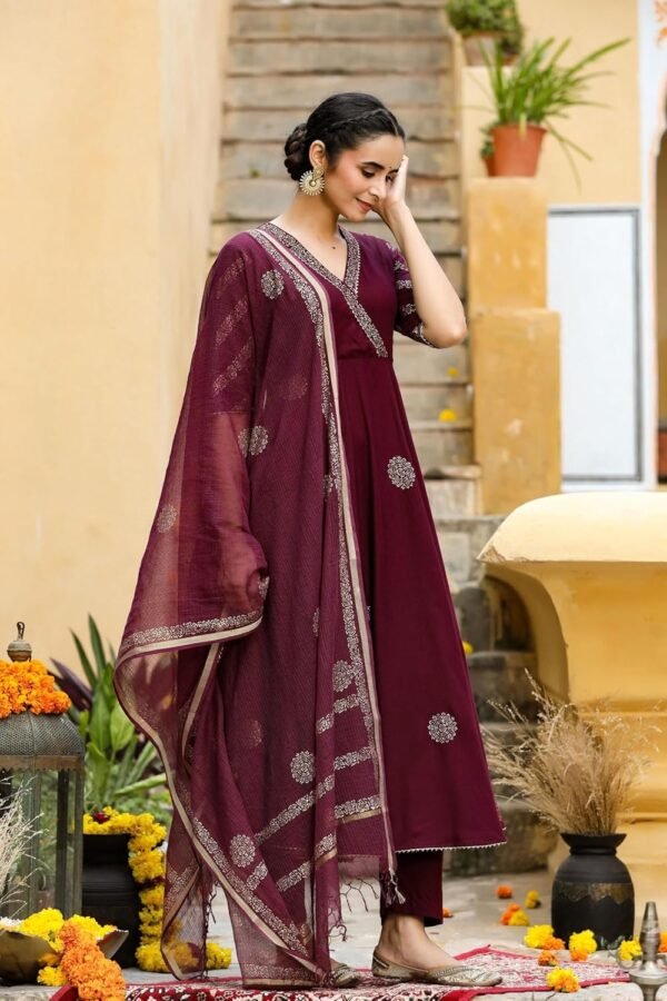 GoSriKi Women's Cotton Blend Printed Anarkali Kurta with Pant & Dupatta