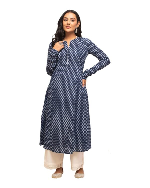 FIORRA Women's Floral Printed Navy Blue Cotton A-Line Kurta