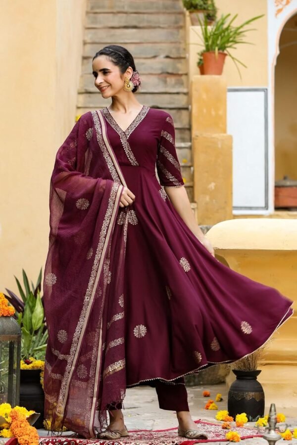 GoSriKi Women's Cotton Blend Printed Anarkali Kurta with Pant & Dupatta