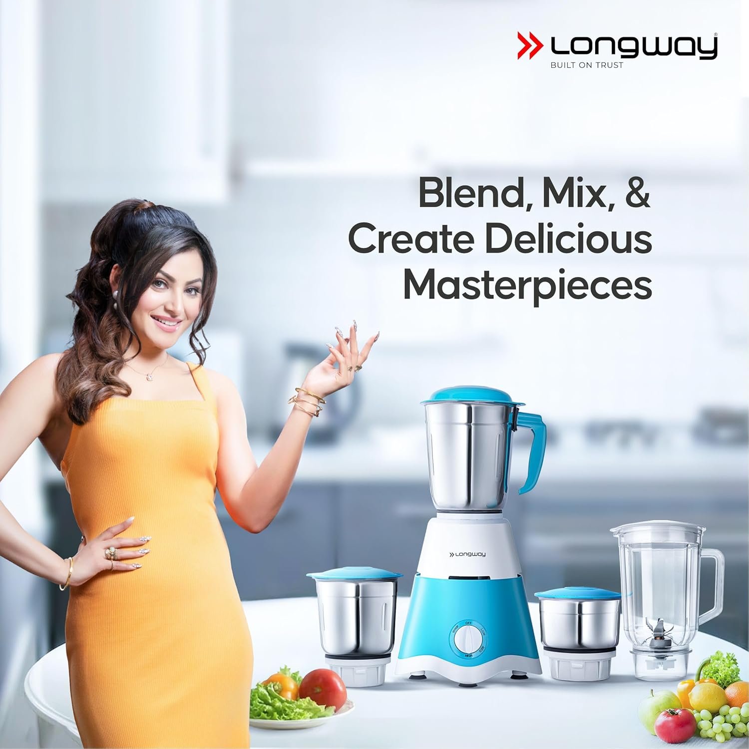 Longway Super Dlx 750 Watt Juicer Mixer Grinder with 4 Jars for Grinding, Mixing, Juicing with Powerful Motor | 1 Year Warranty | (White & Blue, 4 Jars)