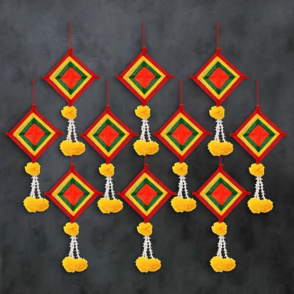 eCraftIndia Handmade Artificial Marigold Flowers with Colorful Woolen Kite Hangings (Pack of 4) - Artificial Flowers Hanging for Home Decor - Wedding, Ganpati, Navratri, Diwali Decoration Items