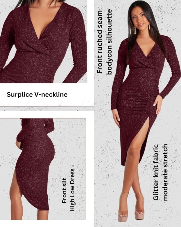 ADDYVERO V-Neck Long Sleeve Lurex Gliter Solid Front Slit Front Ruched Seam Bodycon Above Knee Length Women Dress