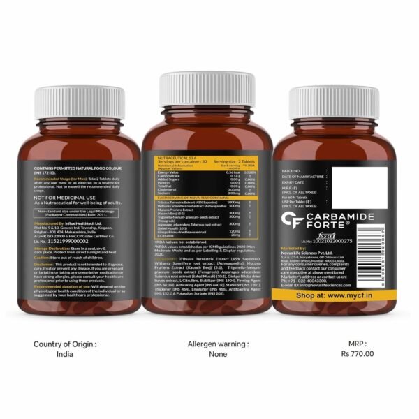 Carbamide Forte Testosterone Supplement for Men with Pre-Workout Tribulus 1000mg, Ashwagandha, L-Citrulline & Kaunch Beej – 60 Veg Tablets