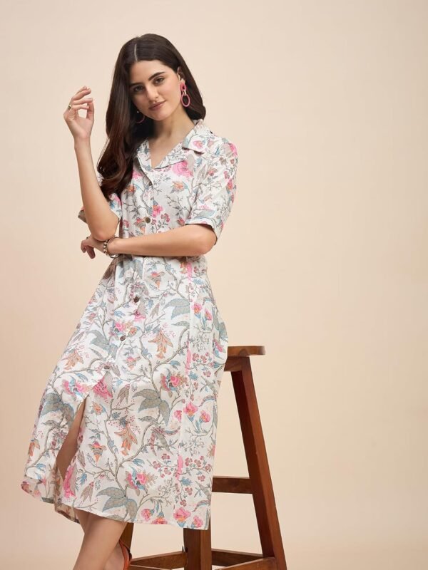 Kritanjya Western Dress || Cotton Solid Button Front Shirt Dress for Women || Roll Tab Sleeve & Collared Neck Flared Dress || Office || Summer Short Dresses for Women