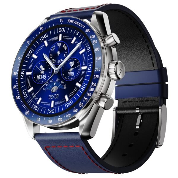Fire-Boltt Moonwatch 36.3mm (1.43 inch) AMOLED Display, Wireless Charging, Metallic Frame, Premium Leather Straps, Complete Health Suite, Bluetooth Calling, Sports Modes (Blue)