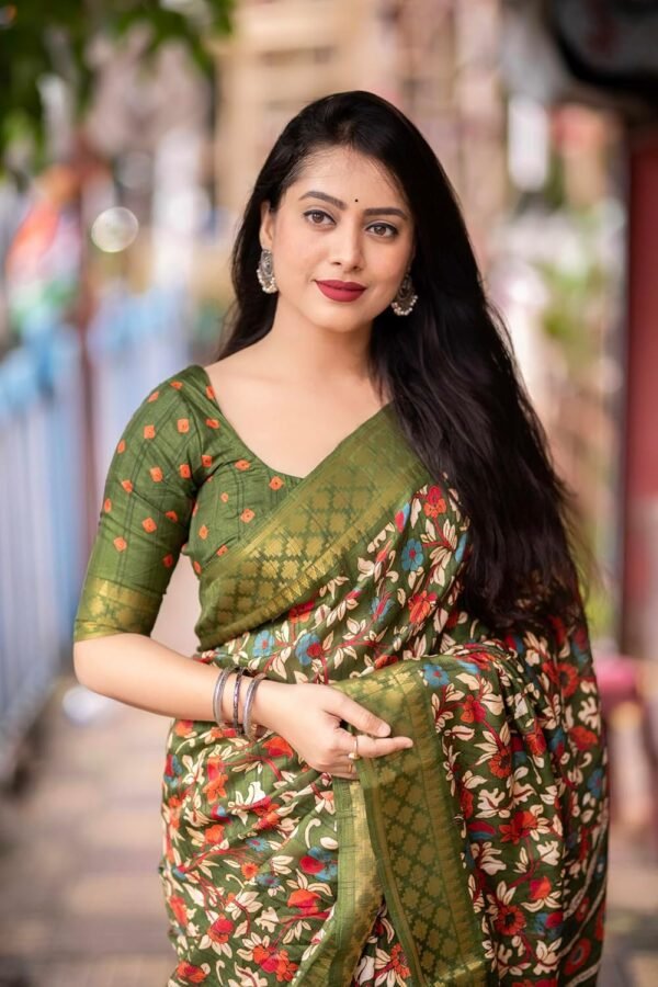 Panzora Women's Silk Saree With Kalamkari Print Unstitched Blouse Piece.