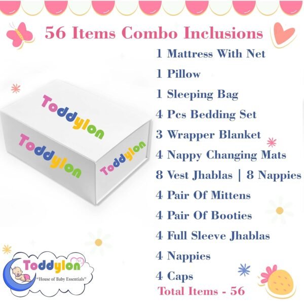Toddylon 56 In 1 New Born Baby Products All | Gift Packs | Baby Shower | Baby Bed | Baby Clothing | Essentials Items | Combo Pack | Maternity Kit | Infants | Bedding | Clothes (0-6 Months, Multicolor)
