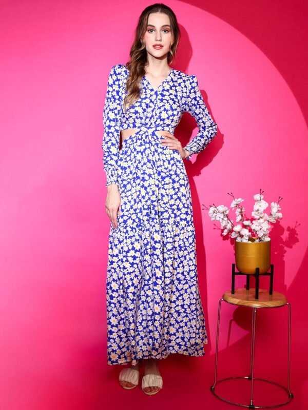 Sheetal Associates Women's Crepe Fit and Flare Printed Full Sleeve V-Neck Casual Dress