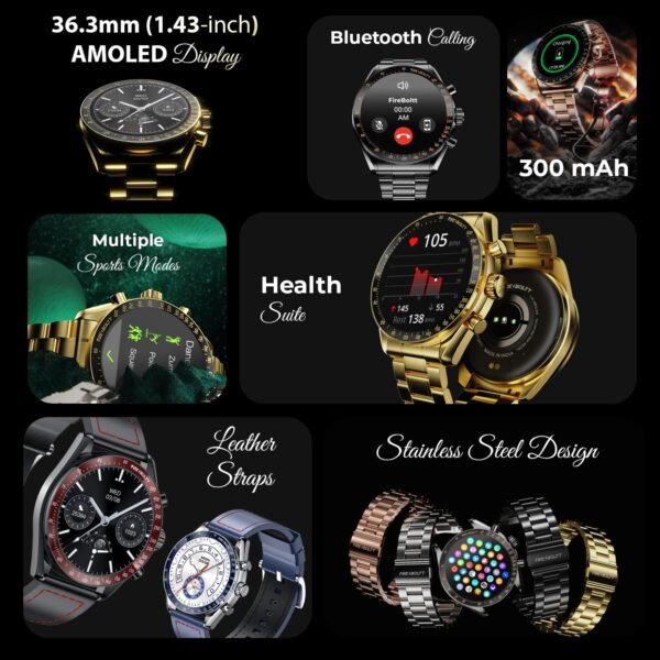 Fire-Boltt Moonwatch 36.3mm (1.43 inch) AMOLED Display, Wireless Charging, Metallic Frame, Premium Leather Straps, Complete Health Suite, Bluetooth Calling, Sports Modes (Blue)