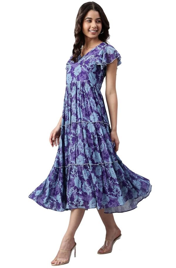 Janasya Women's Blue Georgette Printed Flared Western Dress