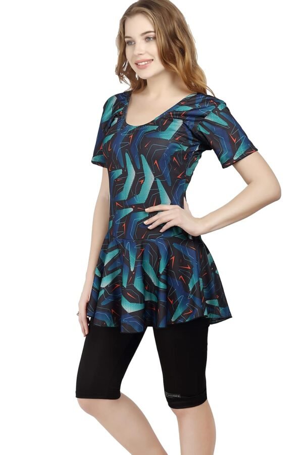 ROVARS Poly Jersy - Printed Swimming Costume for Women Frock Style [Half Sleeves - Half Length - Without Pads]