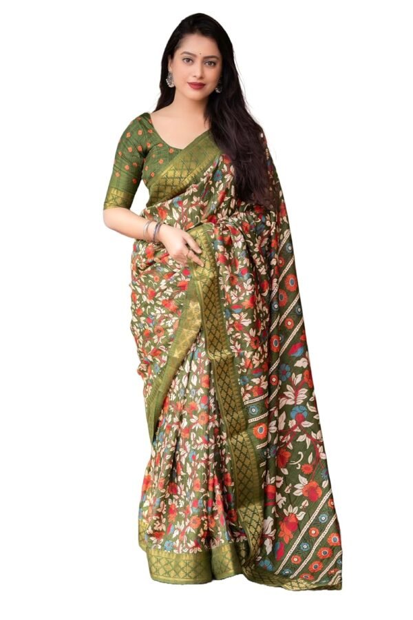 Panzora Women's Silk Saree With Kalamkari Print Unstitched Blouse Piece.