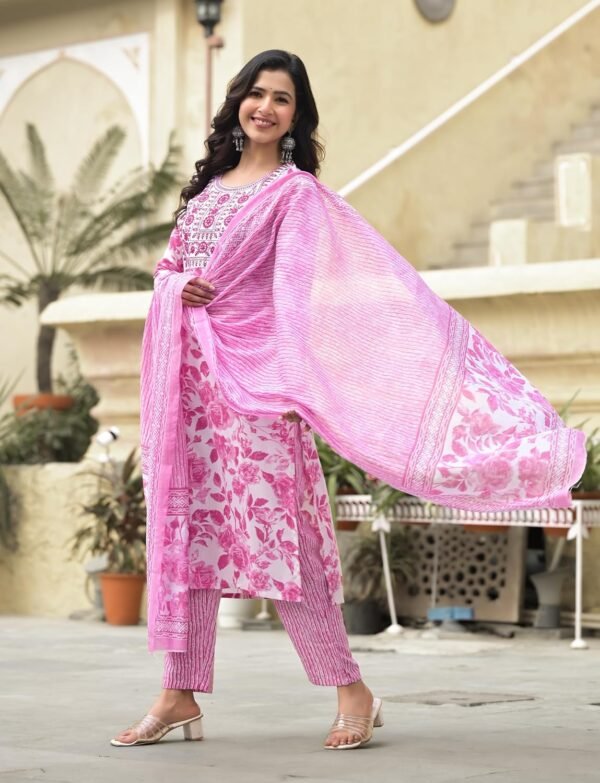 KLOSIA Women Embroidery Straight Floral Printed Kurta and Pant Set with Dupatta | Ethnic Set | Dupatta Set | Suit Set | Kurta Set | Wedding Suit |