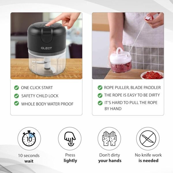 Qlect Electric Vegetable Chopper for Kitchen | Automatic Rechargeable Stainless Steel Blades Cutter | One Touch Operation for Micing Onion Garlic Vegetables Garlic Ginger Meat Dry Fruits (250ml Black)