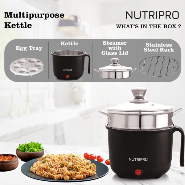 Nutripro Multipurpose Cook Multi Kettle 1.2 L with Steamer, Vegetable Stand and Egg Tray (Black, 700W)