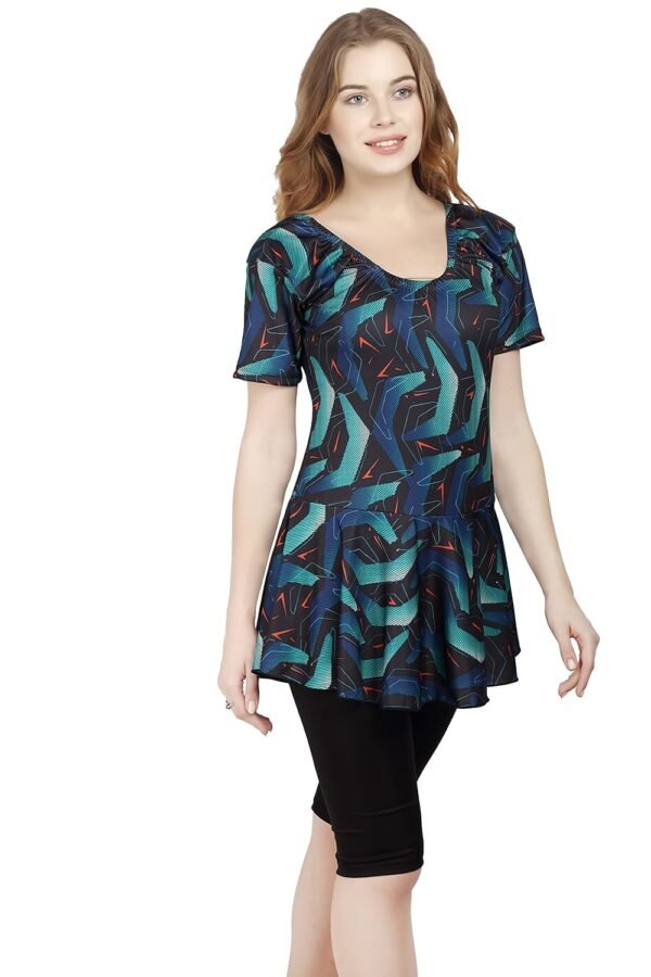 ROVARS Poly Jersy - Printed Swimming Costume for Women Frock Style [Half Sleeves - Half Length - Without Pads]
