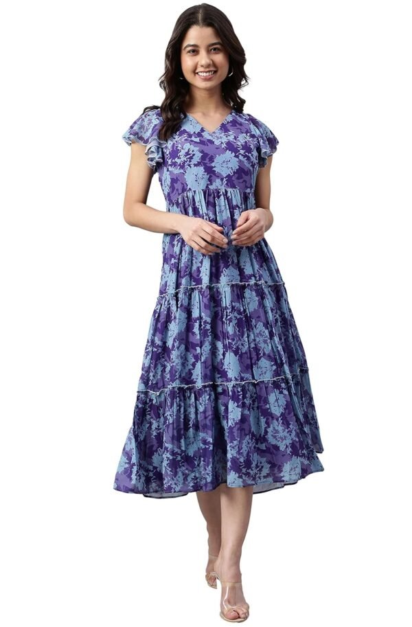 Janasya Women's Blue Georgette Printed Flared Western Dress