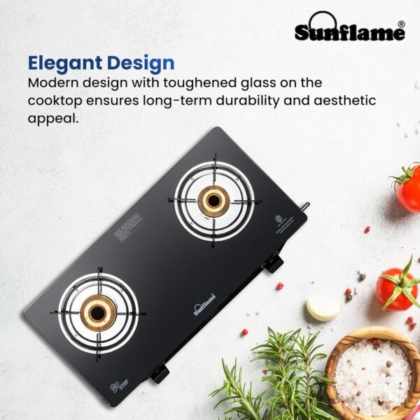 Sunflame Pride 2 Burner Gas Stove | 1 Medium and 1 Small Brass Burners | 2-Years Product Coverage by Sunflame | Ergonomic Knobs | Easy to Maintain l Toughened Glass Top | PAN India Presence| Black