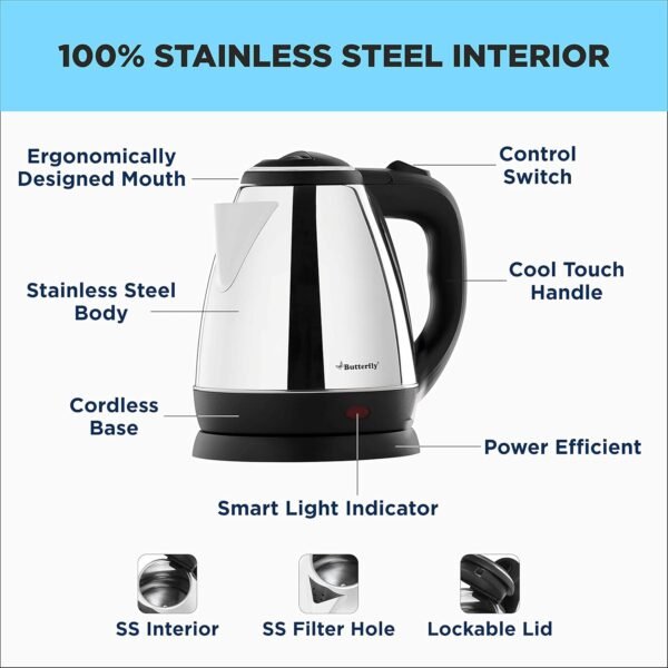 Butterfly EKN 1.5 Litre Stainless Steel Electric Kettle | 1500 W | 360° Swivel Power Base | Auto Shut Off | For Hot Water, Tea, Coffee, Noodles | Dry Boil Protection | Silver