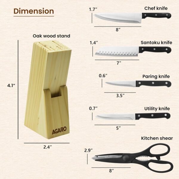 AGARO Galaxy 6 Pcs Kitchen Knives Set with Wooden Case, 4 Knives, 1 Scissor, 1 Wooden Case, High Carbon Stainless Steel, Non Slip Triple Rivet Strong Handle, Cooking, Cutting, Slicing, Silver