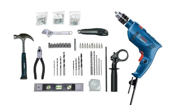 BOSCH GSB 600 Corded Electric Impact Drill Kit, 600W, 13mm, 1.7Kg, 3000RPM, 1.4Nm, Variable Speed, Forward/Reverse Rotation, Double Insulation, 1 Year Warranty from BOSCH (100Pc, Multicolor)