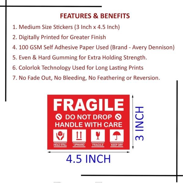 Suvigya Fragile Stickers for Packing, Shipping, 3x4.5 Inch, Medium Size, Handle with Care Strong Adhesive Paper Labels, Red, Pack of 100