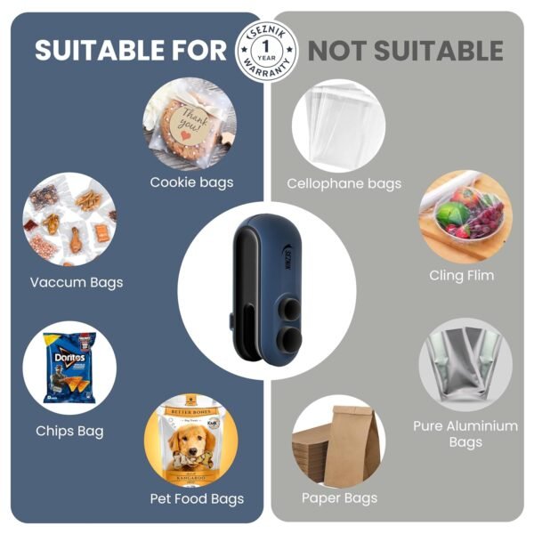 Seznik Portable Mini Sealing Machine, Handheld Packet Sealer for Food, Snacks, Chips, Fresh Storage, Plastic Bags Sealing Machine, 1 YEAR Warranty (Dark Blue)