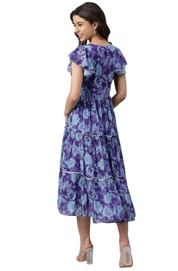 Janasya Women's Blue Georgette Printed Flared Western Dress