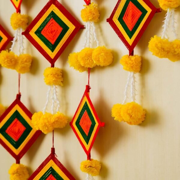 eCraftIndia Handmade Artificial Marigold Flowers with Colorful Woolen Kite Hangings (Pack of 4) - Artificial Flowers Hanging for Home Decor - Wedding, Ganpati, Navratri, Diwali Decoration Items
